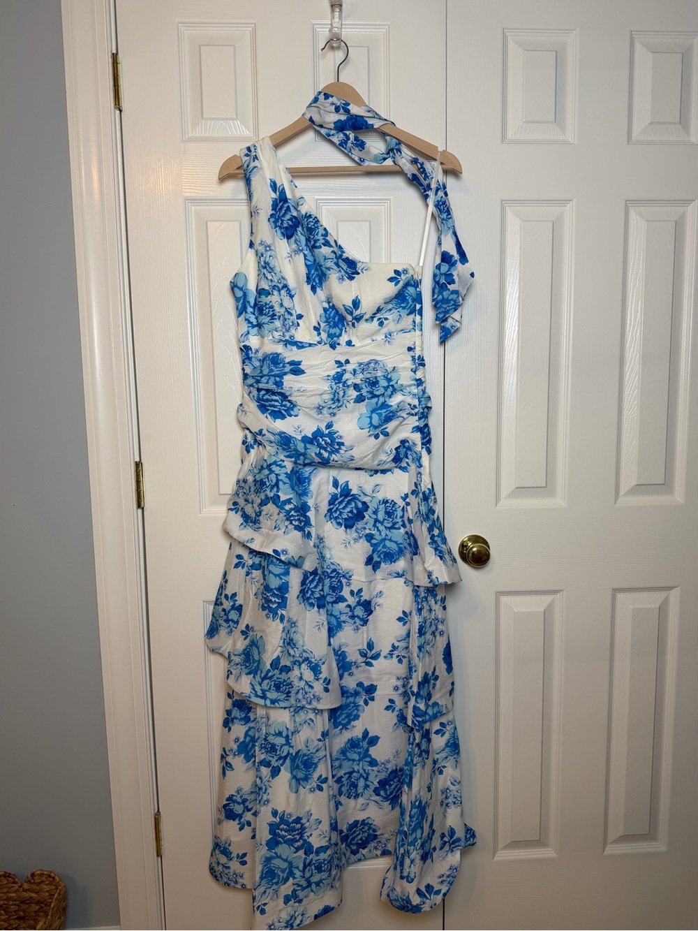 Blue Floral One-Shoulder Ruffle Midi Dress - Picture 1 of 9